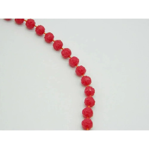 Faux Pink Celluloid Flower Bead Beaded Gold Tone Vintage Choker Necklace - Picture 3 of 4